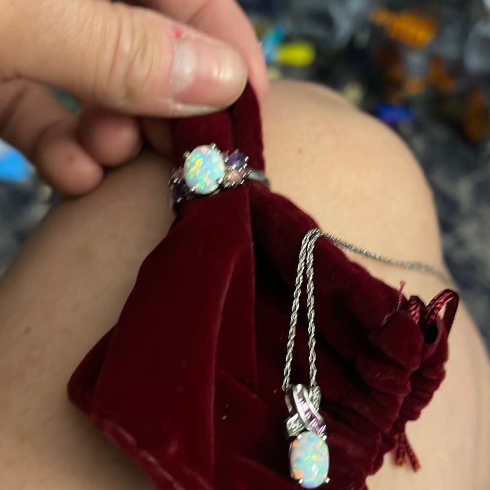 Opal /pink sapphire/amethyst/diamond ring/necklace in white gold
